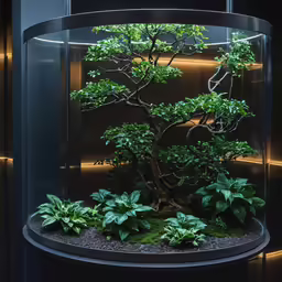 bonsai tree displayed in round glass case