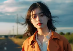 a young lady looking out into the distance with clouds in the background,the woman is wearing an orange jacket outside