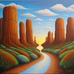 a painting of rock formations and a river,a painting of the view from a river crossing in canyons,a painting on the wall shows a landscape and a river,a painting depicting a narrow canyon with plants, rocks and a river,the painting shows the landscape on a canvas