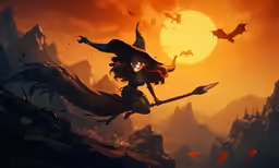 an animated picture of a young witch riding a broom