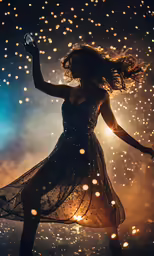 woman in a dress is holding an object in the air