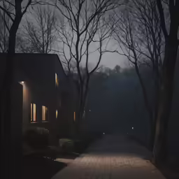 a residential street at night on a foggy day