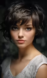 a beautiful young woman with short dark hair
