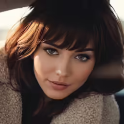 a beautiful woman with very large blue eyes in a fur coat