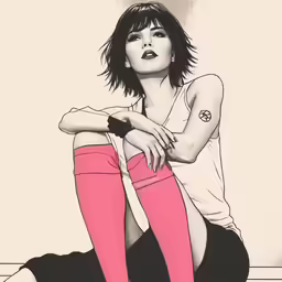 the girl is wearing tight stockings and knee high boots