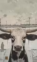 this cow is standing near many power lines