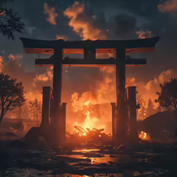 an asian style arch surrounded by fire and smoke