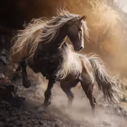 two horses run across a dusty, rocky area