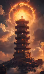 the tower structure stands surrounded by clouds as a bright, full moon is shining above