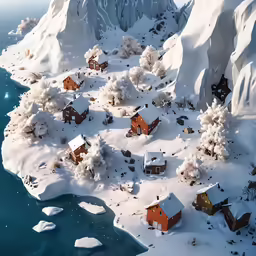a computer generated rendering of small homes and mountains in the snow