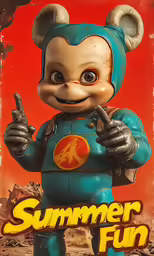 a character in a blue outfit with an orange face, pointing to the side with both hands and fingers in front of red background