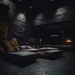 a room with black walls and lots of lights