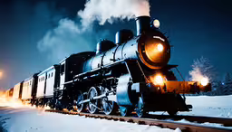 an old fashioned train traveling down train tracks at night,train pulling carts along snow covered track at night