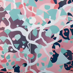a pink wall with various shapes and colors