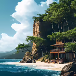 a painting of a house on a rocky cliff overlooking the ocean