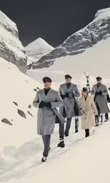 several men walking through the snow holding their skis