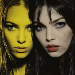 a woman with long black hair standing next to another woman with bright makeup