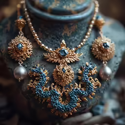 a blue and gold necklace, earrings, and necklace are on display