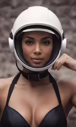 a beautiful woman wearing a motorcycle helmet and bikini top
