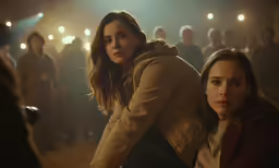 two women look back as a group of people sit in the background