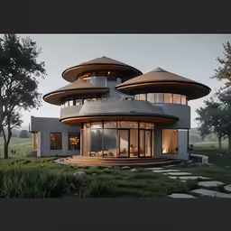 a round building in the middle of a green field