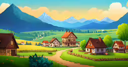 a painting of a landscape with several houses,some rural houses by the mountain valley