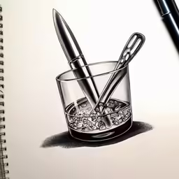 pencils and a glass with ice and water in it