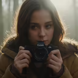a woman taking a photo in a forest