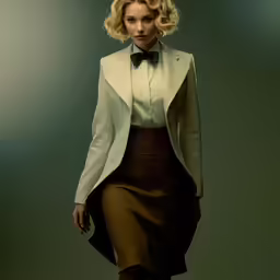 a blonde woman in a cream jacket and dress, standing with a bow tie on