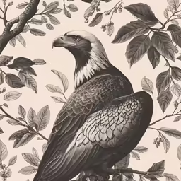 a black and white photo of an eagle on a tree branch