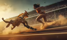a woman riding on the back of a fake tiger