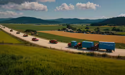 a group of trucks on the road in the country,an aerial shot of the road and mountains in the distance