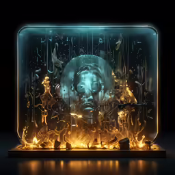 a glass vase with a painting in it sitting on top of a table