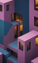a purple and blue building with the windows open