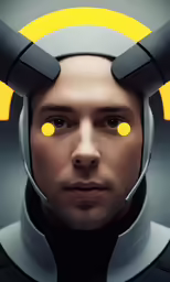 a man in a helmet is shown with a yellow light on his face