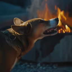 a dog with its mouth open while sitting in front of a fire pit