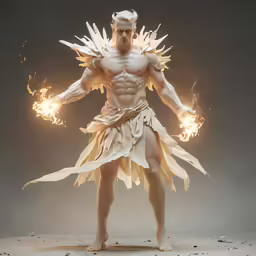 a man wearing a body covered in white fire with wings