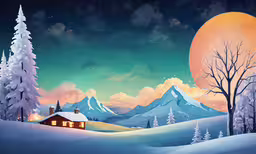 a snow covered hillside with a small house on it under a full moon,a painting of a house in the middle of a snowy landscape
