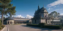 a large house surrounded by hedges with lots of trees