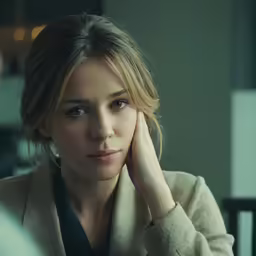 a girl with blonde hair sitting down next to a man