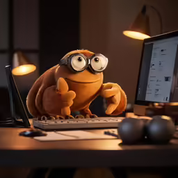 the frog in the disney movie is sitting at a computer