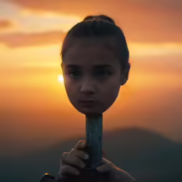 a woman holding an object in her hands and a sunset