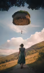 woman in green dress walking on path next to hill