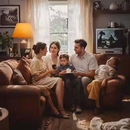 a family sits on a couch looking at a piece of paper