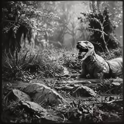 a large toy dinosaur sitting on top of the ground
