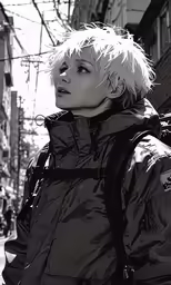 the woman is standing on the sidewalk in her jacket