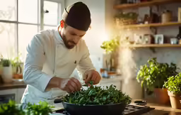 the chef is cooking food on the stove in the kitchen