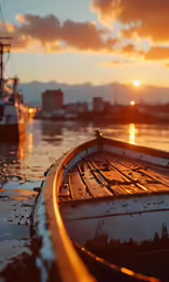 a small boat in the water with sunset behind it