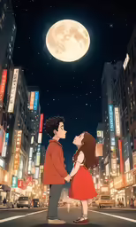 an anime couple standing in the middle of the street with a full moon behind them