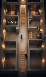 an overhead shot of a house with people walking up the stairs